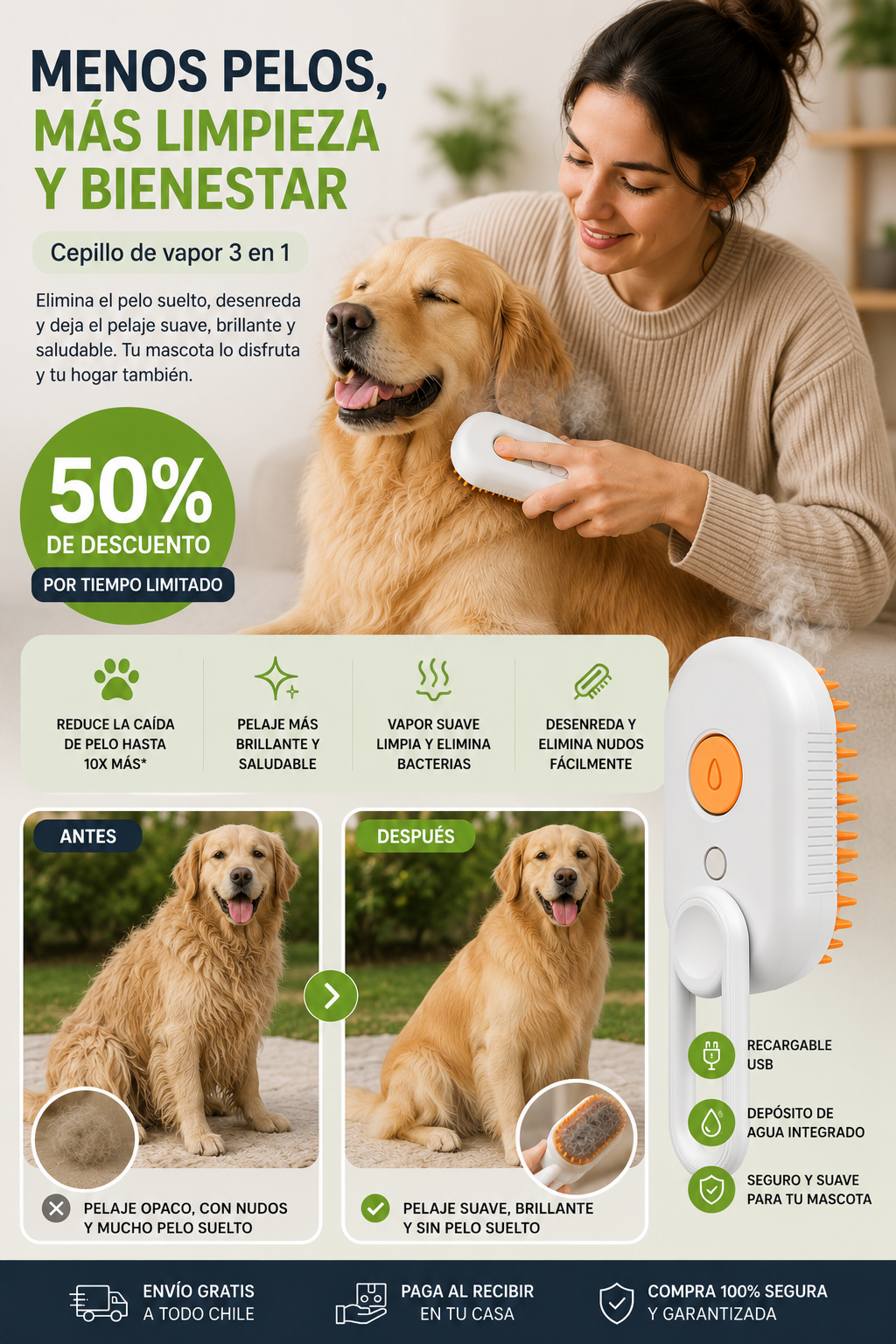 Cepillo a Vapor 3 en 1 para Mascotas | Menos Pelos, Más Limpieza