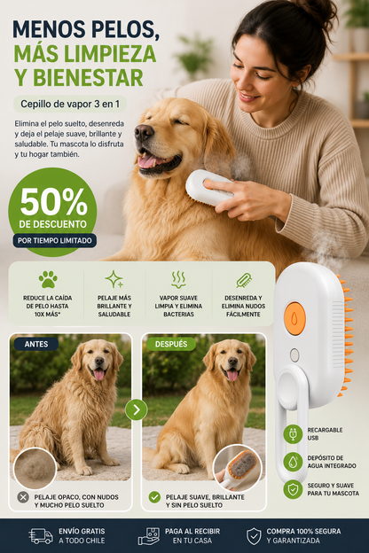 Cepillo a Vapor 3 en 1 para Mascotas | Menos Pelos, Más Limpieza
