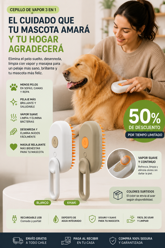 Cepillo a Vapor 3 en 1 para Mascotas | Menos Pelos, Más Limpieza