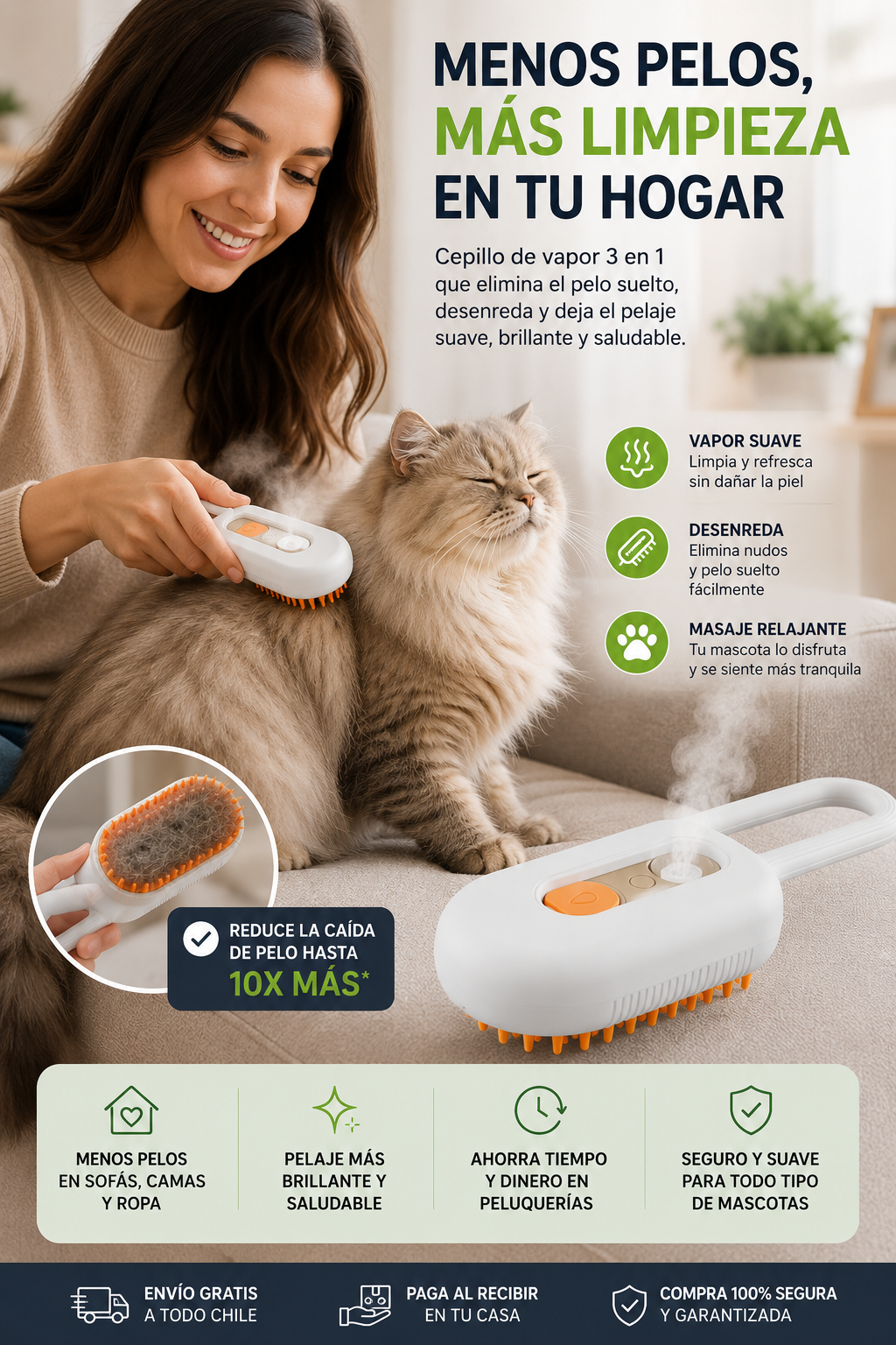 Cepillo a Vapor 3 en 1 para Mascotas | Menos Pelos, Más Limpieza