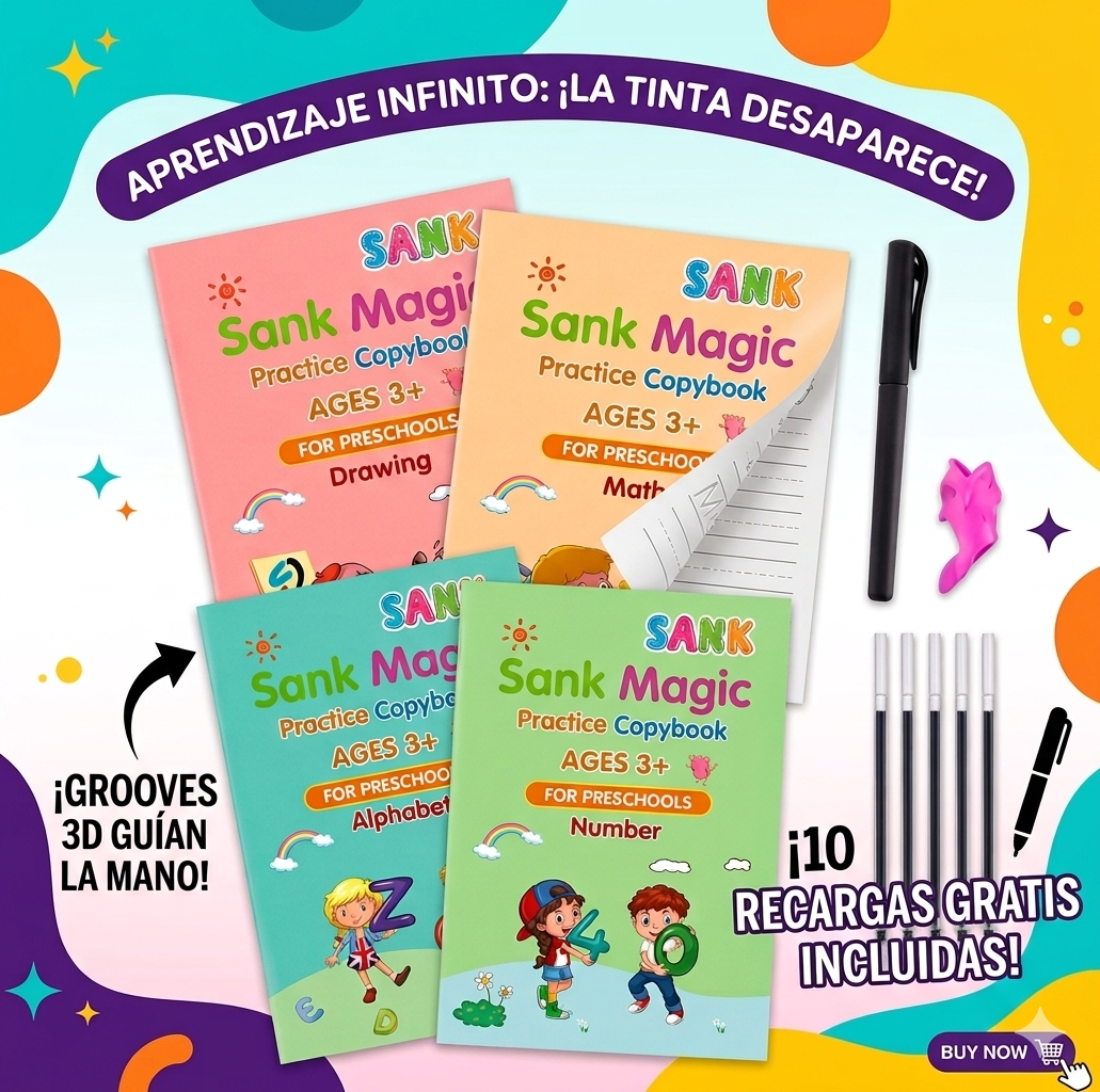 SET 4 Cuadernos de Caligrafía + Bolígrafo + Recargas 🚀¡Escribe, desaparece y vuelve a aprender!