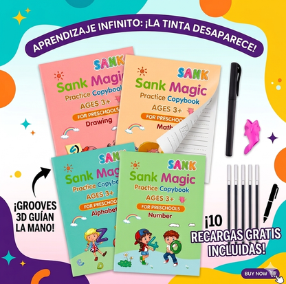 SET 4 Cuadernos de Caligrafía + Bolígrafo + Recargas 🚀¡Escribe, desaparece y vuelve a aprender!