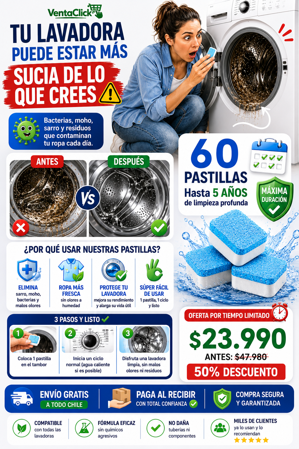 Pack 60 Pastillas Limpia Lavadora 🫧