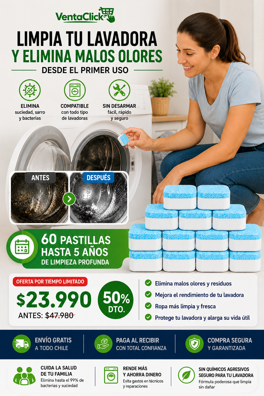 Pack 60 Pastillas Limpia Lavadora 🫧